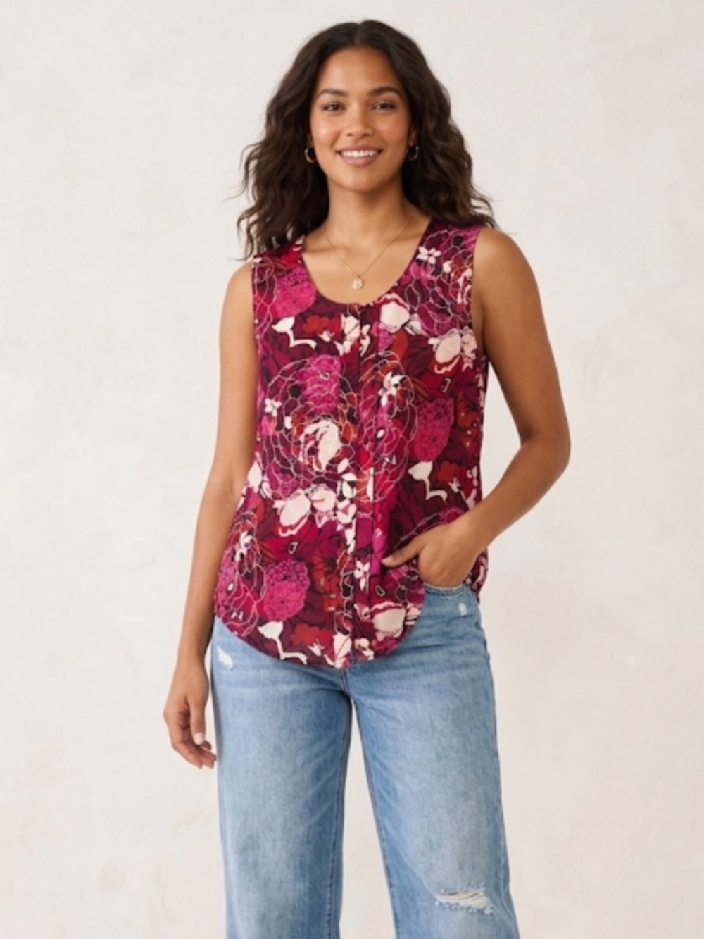 Laundry By Shelli Segal Floral Sleeveless Shell in Burgundy, Pink, Cream